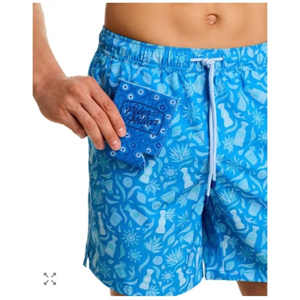 Peter Millar Saltwater Spirits 7" Swim Trunks Blue Macaw Drawstring Men's XXL